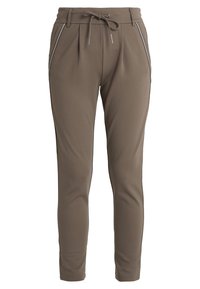 Bruine, getailleerde broek met een trekkoord in de taille, zijzakken met rits en zachte, gladde stof.