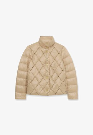 Beige gesteppte Steppjacke mit hohem Kragen, sichtbaren goldfarbenen Druckknöpfen und einer glatten, leicht glänzenden Textur.