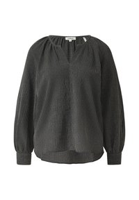 Black textured blouse with balloon sleeves, V-neckline, and gathered details at shoulders. Fabric appears lightweight and flowing.