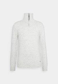 Maglione grigio chiaro con colletto alto e zip a metà. Realizzato in tessuto a maglia testurizzato con sottili macchie nere.