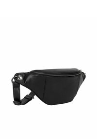 Marsupio di pelle nera con una texture liscia, chiusura con zip e tracolla regolabile. Presenta dettagli in metallo e un design lineare.