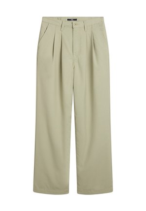Light beige wide-leg trousers made of smooth fabric, featuring front pleats, a button closure, and two side pockets.