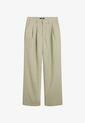 Lichtbeige wijde broek van gladde stof, met voorplooien, een knoopsluiting en twee zijzakken.