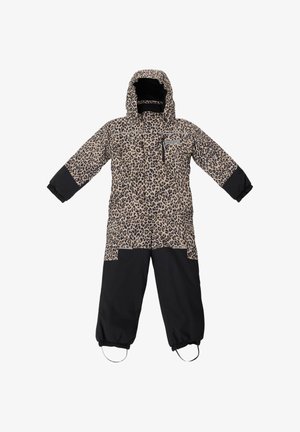 Leopardenmuster Schneekl suit mit schwarzem Unterteil, Kapuze und elastischen Bündchen. Verfügt über Taschen und verstärkte Bereiche für Langlebigkeit.