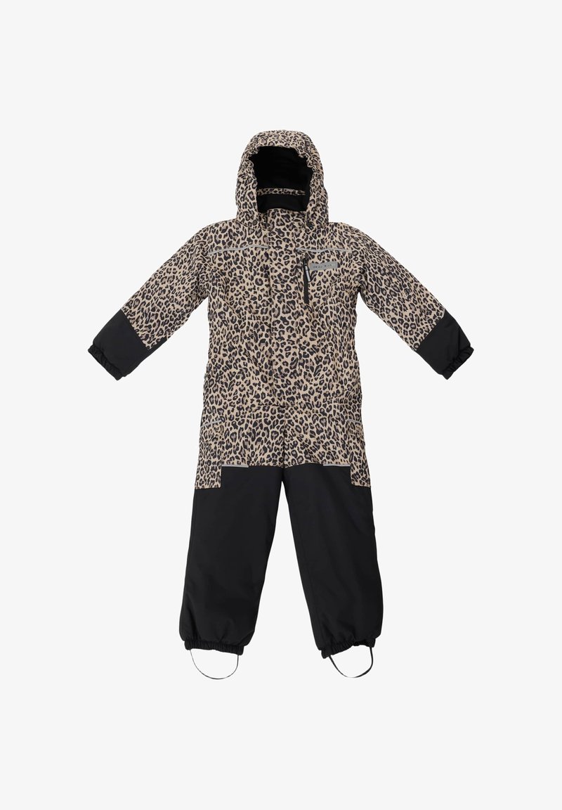 Leopard-print snowsuit with a black lower section, hood, and elastic cuffs. Features pockets and reinforced areas for durability.