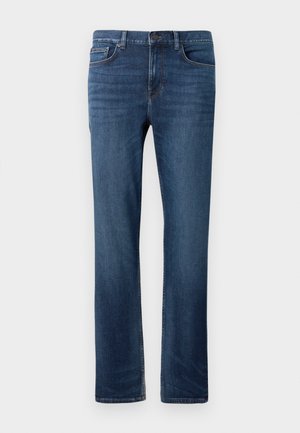 Mørkeblå denim jeans med lige pasform, der har fem lommer, en knaplukning og subtile slidte detaljer foran.