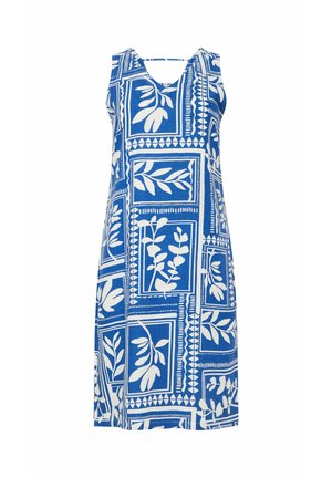Blauwe mouwloze jurk met witte bladeren- en geometrische patronen, V-hals en rechte snit.