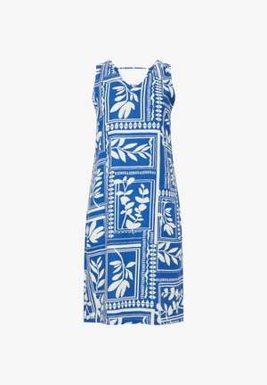 Blauwe mouwloze jurk met witte bladeren- en geometrische patronen, V-hals en rechte snit.