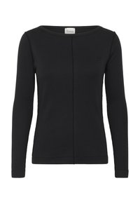 Black long-sleeve ribbed knit top with crew neckline and visible center seam, small embroidered logo on left chest.