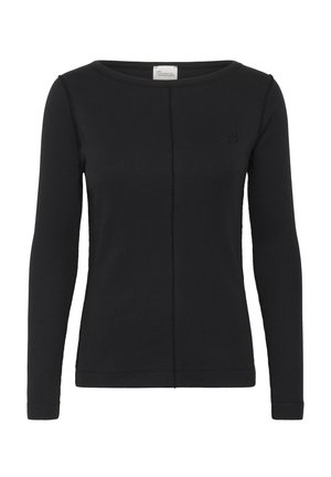 Juoda ilgakulnė megzta palaidinė su apvalia iškirpte, matoma centre siūlė, mažas siuvinėtas logotipas kairėje krūtinės pusėje.