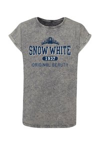 Grå kortermet t-skjorte laget av mykt stoff, med et slitt utseende. Den har blå tekst med "SNOW WHITE 1937" og "ORIGINAL BEAUTY."