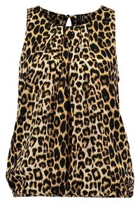 Haut sans manches imprimé léopard avec un col rond, des plis à l'avant et un ourlet froncé élastique. Fabriqué en tissu léger.