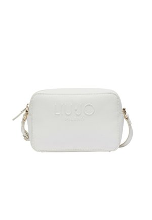 Borsa a tracolla rettangolare bianca con tracolla regolabile, superficie testurizzata e logo "LIU JO MILANO" in rilievo sul davanti.