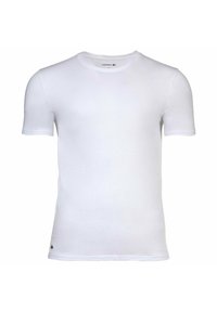 T-shirt bianco a maniche corte realizzato in morbido cotone. Presenta un collo a girocollo e un piccolo logo verde vicino all'orlo.
