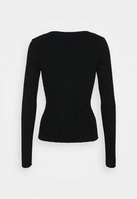 Schwarzes, geripptes Langarmshirt mit figurbetontem Oberteil und rundem Ausschnitt, das eine feine Textur und eine strukturierte Silhouette aufweist.