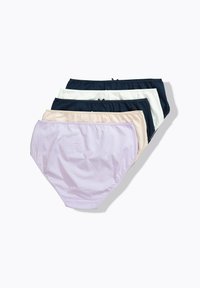 Cinque paia di culotte alte da donna in tessuto leggero, disponibili in colori solidi: blu navy, bianco, beige, rosa e lilla con pois.