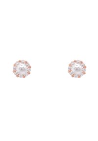 Perl-Ohrstecker mit einer Roségold-Akzentuierung, umgeben von klaren Kristallsteinen. Runde Form mit glatter Textur und glänzender Oberfläche.