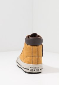 Zapatilla Converse All Star de ante marrón vista desde atrás, con suela de goma blanca y negra sobre una superficie blanca.