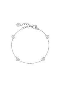 Silver bracelet with a chain design, featuring three heart-shaped accents. Includes a lobster clasp and adjustable extension chain.