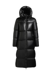 Giacca puffer nera in pelle con cappuccio, caratterizzata da una silhouette lunga, texture trapuntata e chiusura con zip frontale.