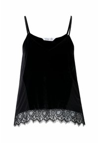 Camisola in velluto nero con spalline regolabili, scollatura a V e merletto decorativo sul fondo con intricati motivi floreali.