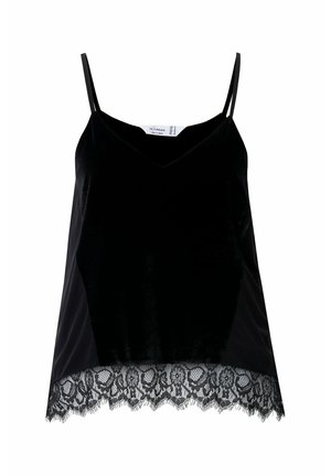 Zwarte fluwelen camisole met verstelbare bandjes, V-hals en kantafwerking aan de onderkant met ingewikkelde bloemenpatronen.
