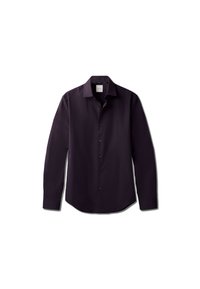 Long-sleeve shirt in dark purple, made of smooth fabric. Features a button-up front, soft collar, and a curved hem design.