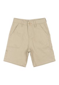 Beiga shorts gjorda av slitstark tyg, med knappstängning, flera fickor och sydda detaljer. Kustrukturerade och i medellängd till låret.