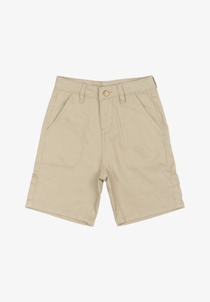 Béžové šortky vyrobené z odolné látky, s knoflíkovým zapínáním, několika kapsami a šitými detaily. Mají strukturovaný střih a délku do poloviny stehna.