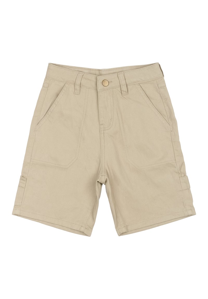 Beiga shorts gjorda av slitstark tyg, med knappstängning, flera fickor och sydda detaljer. Kustrukturerade och i medellängd till låret.