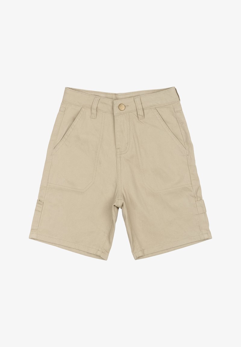 Shorts beige en tissu durable, dotés d'une fermeture à bouton, de multiples poches et de détails en surpiqûre. Style structuré et longueur mi-cuisse.