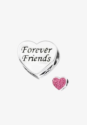 Silver heart charm with "Forever Friends" engraved; smaller pink heart charm with a glittery texture. Both feature a polished finish.