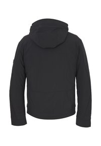 Giacca nera con cappuccio, dal finish liscio e opaco, caratterizzata da una vestibilità dritta, maniche lunghe e senza chiusure o decorazioni visibili.
