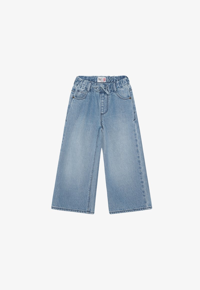 Denim culottes in lichtblauw, voorzien van een elastische tailleband met trekkoord, wijde pijpen en een klassiek design met vijf zakken en subtiele stiksels.