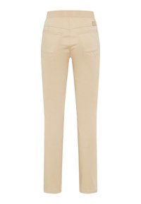 Beige straight-leg pants made of soft fabric with a stretchy waistband, featuring two back pockets and a plain texture.