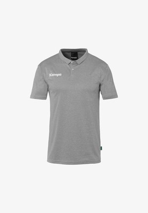 Gray polo shirt made of lightweight fabric. Features a collar, short sleeves, and a white "Kempa" logo on the left chest. Soft texture.