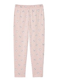 Light pink children's leggings with an elastic waistband, decorated with white kitten faces, small stars, hearts, and crescent moons.