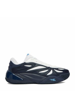 Niedriger sportlicher Sneaker in Weiß und Marineblau mit blauen Akzenten, mit einer skulptierten Sohle und Reebok-Logo an der Seite.