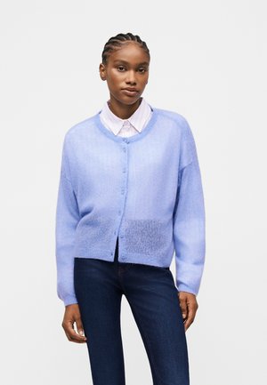 Giovane donna con i capelli intrecciati indossa un cardigan azzurro chiaro con bottoni sopra una camicia bianca con colletto e jeans blu scuro su uno sfondo semplice.