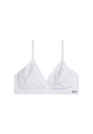 Vit triangelformad bralette med tunna band, tillverkad av ett mjukt tyg, med en mjuk underdel och en liten logotagg på sidan.