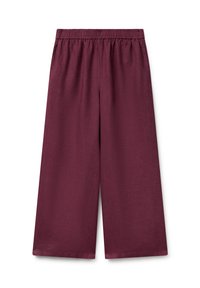 Weite, hoch taillierte Hose in Dunkelburgunder mit elastischem Bund und seitlichen Taschen, flach auf einem weißen Hintergrund präsentiert.