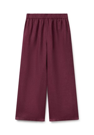 Pantalones de pierna ancha y alta cintura en burdeos oscuro con cinturilla elástica y bolsillos laterales, mostrados en plano sobre un fondo blanco.