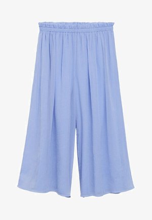Pantalons larges bleu clair en tissu doux et léger. Caractéristiques : taille élastiquée et design fluide.