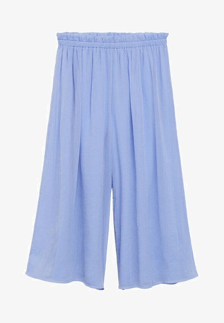Světle modré kalhoty širokého střihu vyrobené z měkké, lehké tkaniny. Mají elastický pas a splývavý design.