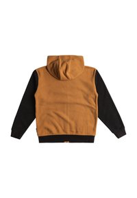 Hoodie met een tan fleece lichaam, zwarte mouwen en manchetten. Opvallend textuurcontrast en een rits langs de onderzoom.
