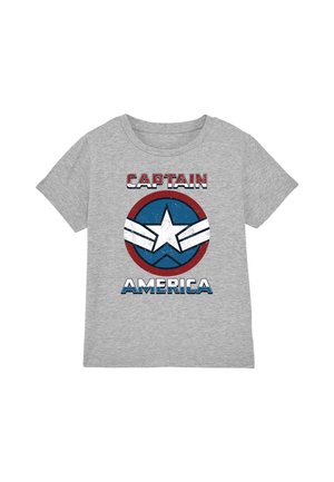Gray cotton t-shirt featuring a circular graphic with a blue star and red and blue accents, labeled "CAPTAIN AMERICA" in bold, distressed lettering.