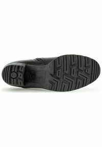 Chaussure en cuir noir avec une semelle en caoutchouc texturé, présentant un motif de crampons et un bout arrondi. Comprend le logo Gabor sur la semelle.