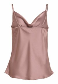 Top caraco en satin mauve avec bretelles fines réglables et encolure drapée, avec un ourlet lisse et légèrement évasé.