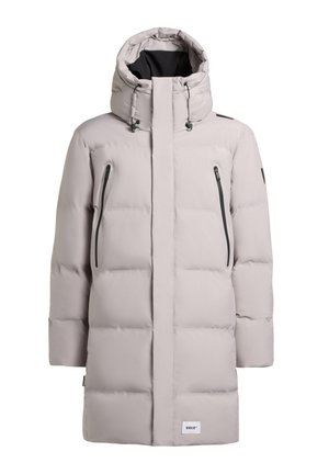 Grau gepufferte Jacke mit hohem Kragen, verstellbarem Kapuze, Reißverschluss-Taschen und einer glatten, wasserabweisenden Oberfläche.