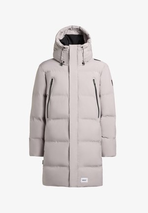 Gaiši pelēks pūkains jaka ar augstu apkakli, pielāgojamu kapuci, rāvējslēdzējamām kabatām un gludu, ūdensnecaurlaidīgu virsmu.